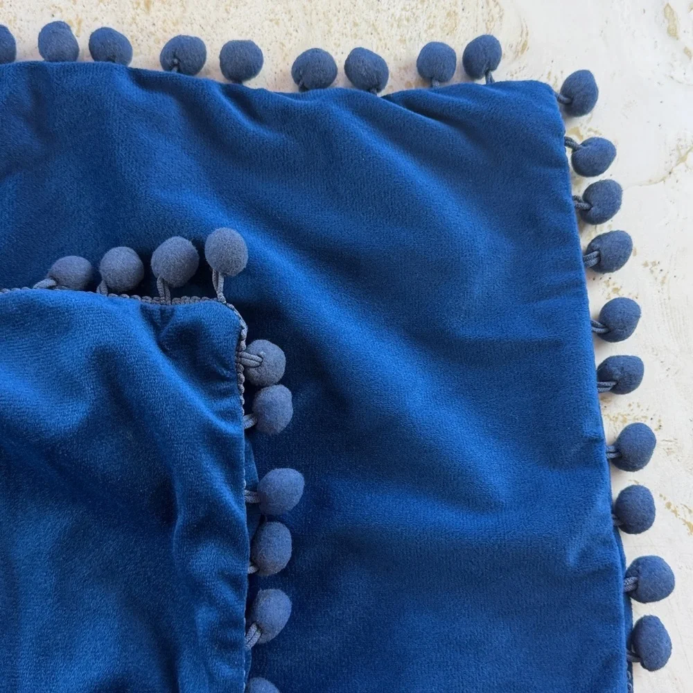 NWOT (2) Pillow Covers Navy Velvet with Pom Pom Accent soft, classic, fun